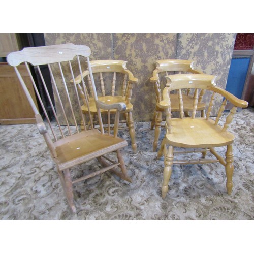 1325 - Two pale pine and ash smoker's bow chairs and an associated rocking chair