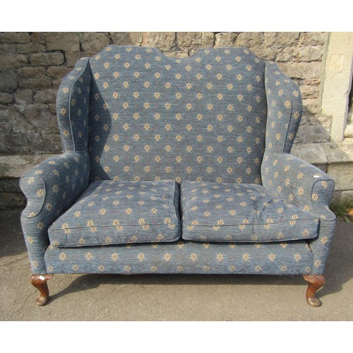 1360 - A good Queen Anne style upholstered high back wing settee, blue fleur de lys covers, raised on short... 