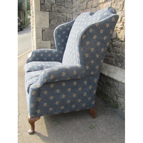 1360 - A good Queen Anne style upholstered high back wing settee, blue fleur de lys covers, raised on short... 