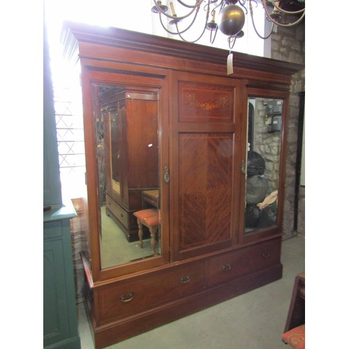 1377 - A large inlaid mahogany triple wardrobe, 208 cm high, 200 x 60 cm