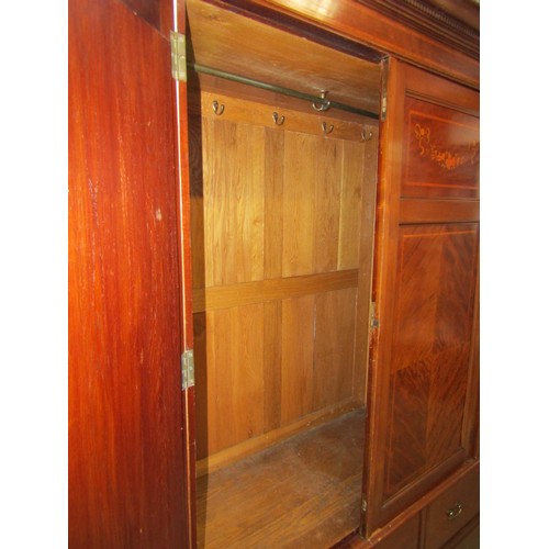 1377 - A large inlaid mahogany triple wardrobe, 208 cm high, 200 x 60 cm