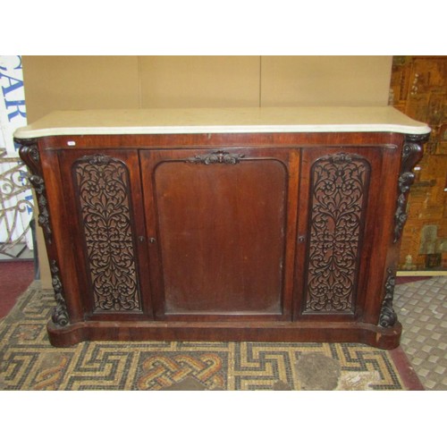 1384 - A Victorian marble-topped rosewood credenza sideboard with mirrored back,, 167cm high, 153 x 45cm.