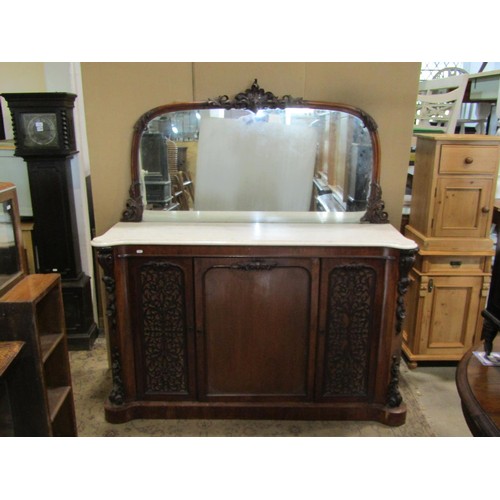 1384 - A Victorian marble-topped rosewood credenza sideboard with mirrored back,, 167cm high, 153 x 45cm.