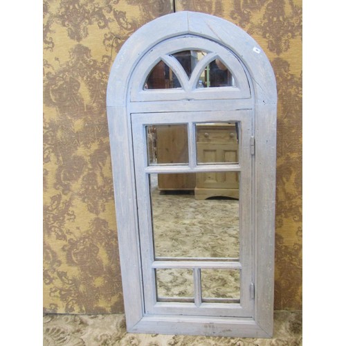 1392 - A pair of reclaimed pine arched window frames adapted as wall mirrors, with rustic pale blue painted... 