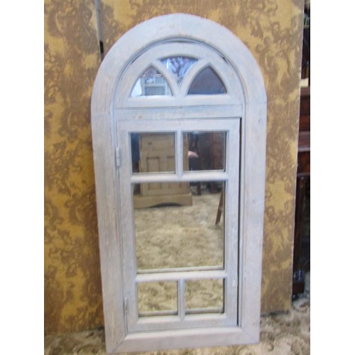 1392 - A pair of reclaimed pine arched window frames adapted as wall mirrors, with rustic pale blue painted... 