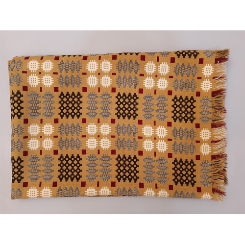 731 - Traditional vintage woollen Welsh blanket in reversible double weave in mustard, cream, brown and da... 