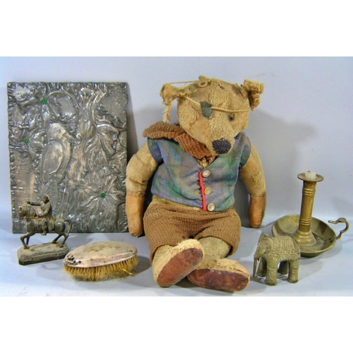 534 - A miscellaneous collection of items including an old thread bare Teddy Bear in a tartan waistcoat, a... 