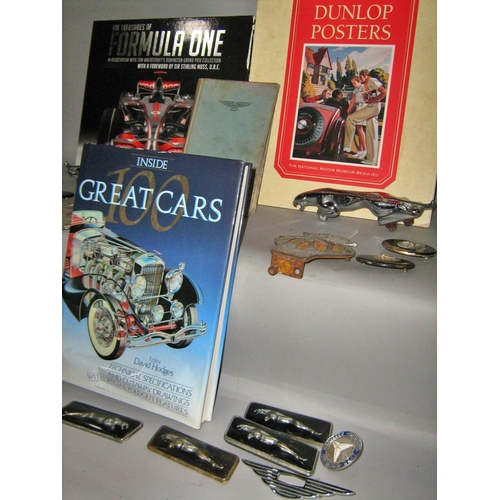 538 - Car memorabilia, mainly Jaguar car badges and logos, together with racing car related books.