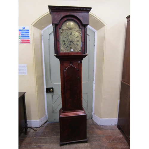 1441 - A Georgian mahogany longcase clock, the full length door with lancet shaped outline, the hood with c... 