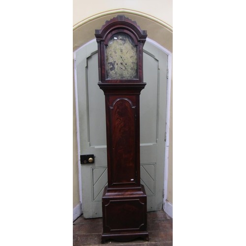 1442 - A Georgian mahogany longcase clock, the hood enclosing a broken arched silvered dial, with subsidiar... 