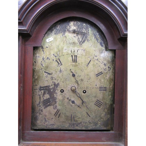 1442 - A Georgian mahogany longcase clock, the hood enclosing a broken arched silvered dial, with subsidiar... 