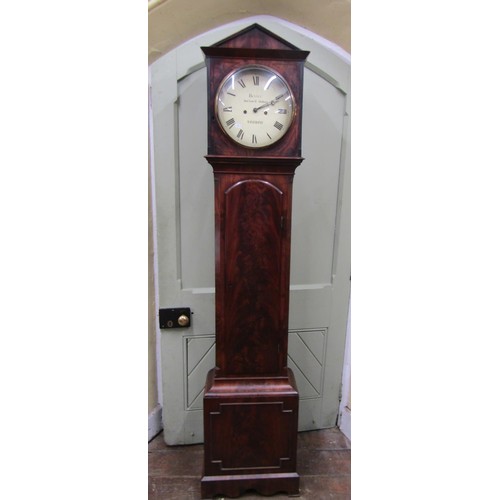 1443 - A Regency mahogany longcase clock the architectural case with ebony string inlay, enclosing a circul... 