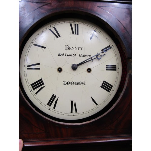 1443 - A Regency mahogany longcase clock the architectural case with ebony string inlay, enclosing a circul... 