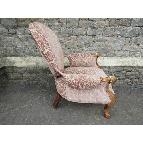 1444 - A Victorian walnut drawing room chair with carved and moulded showwood frame with re-upholstered fin... 