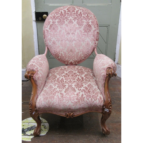 1444 - A Victorian walnut drawing room chair with carved and moulded showwood frame with re-upholstered fin... 