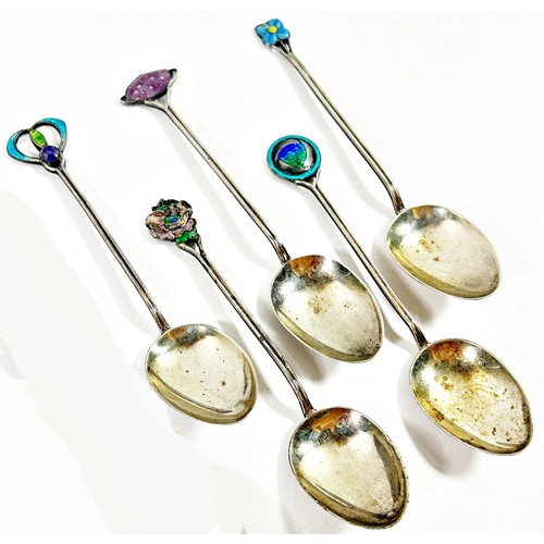 275 - Five James Fenton Art Nouveau coffee spoons with enamel decoration Birmingham 1912.