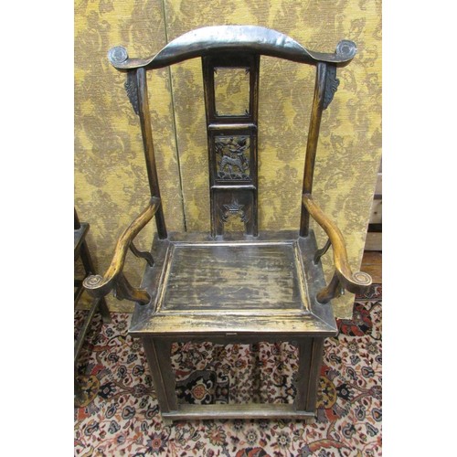 1459 - A pair of 19th century Chinese chairs in mixed woods including elm, with carved and pierced splats