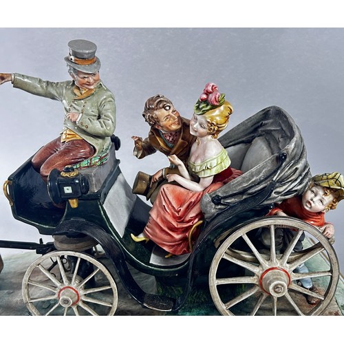 165 - A Capodimonte group of a romantic couple in a horse drawn carriage, B. Merli, raised on a wood plint... 