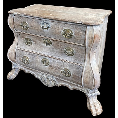 1464 - Small Dutch bombe chest of drawers in oak with lions paw feet, brass fittings and limed finish, 110c... 