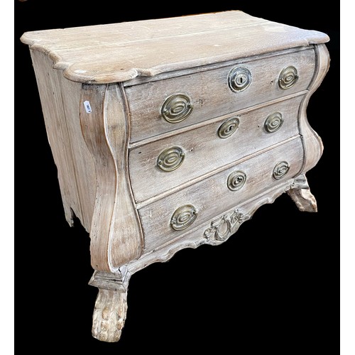 1464 - Small Dutch bombe chest of drawers in oak with lions paw feet, brass fittings and limed finish, 110c... 