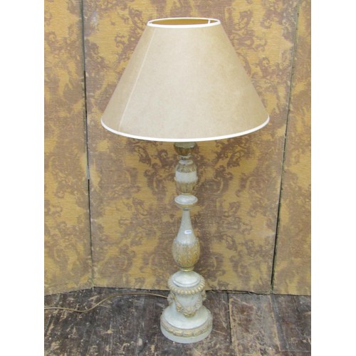 1475 - Painted French table lamp in timber with acanthus and other detail, 85cm high plus shade