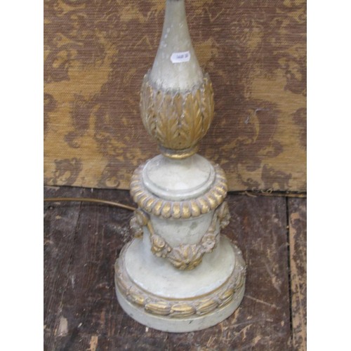 1475 - Painted French table lamp in timber with acanthus and other detail, 85cm high plus shade