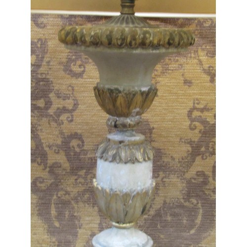 1475 - Painted French table lamp in timber with acanthus and other detail, 85cm high plus shade