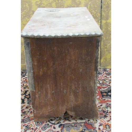 1482 - A small six plank coffer with simple carved detail and brass stud monogram J S, 66cm wide