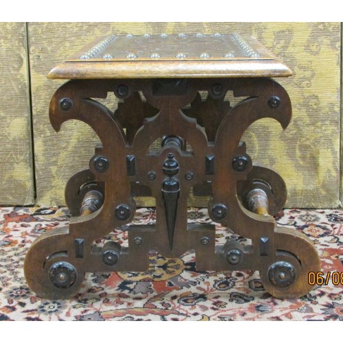 1483 - A 19th century stool attributed to Richard Bridgens principally in walnut with embossed leather top ... 