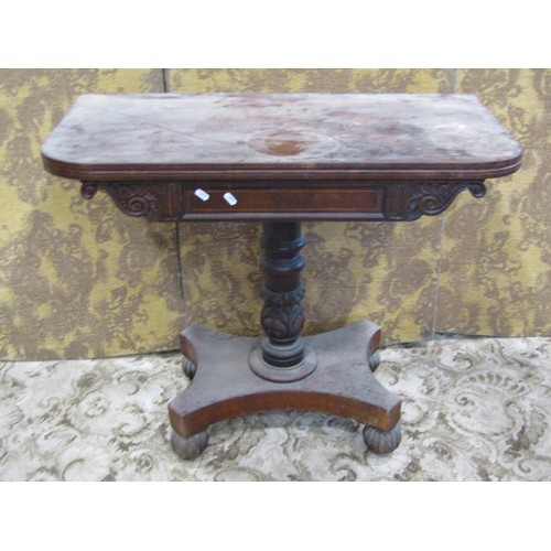 1323 - A good quality Regency rosewood fold-over tea table, raised on a turned column with acanthus detail,... 