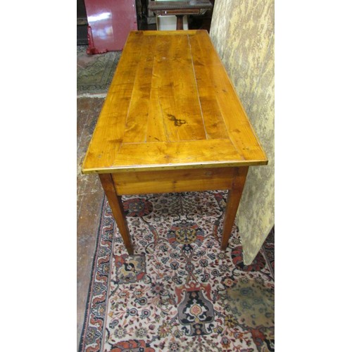 1497 - A 19th century French provincial fruitwood farmhouse dining table with banded planked top over two f... 