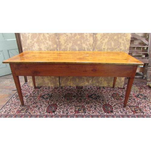 1497 - A 19th century French provincial fruitwood farmhouse dining table with banded planked top over two f... 