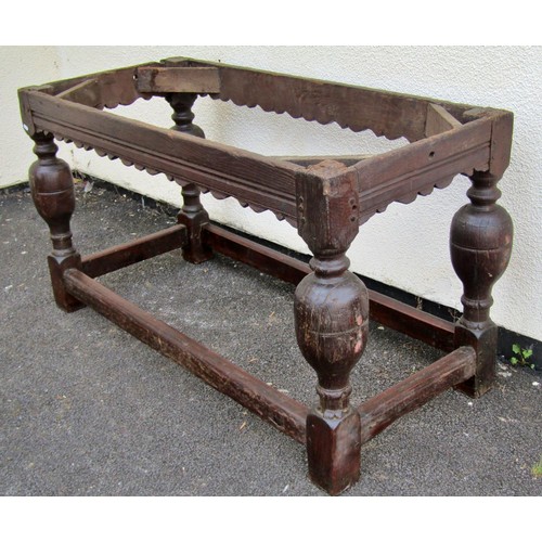 1543A - An old English oak refectory table base (lacking top) 73cm high, 134 x 59cm.