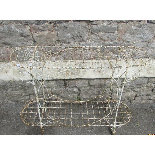 1131 - An old weathered painted two-tier wirework greenhouse/conservatory plant stand, 73cm high, 94 x 28cm... 