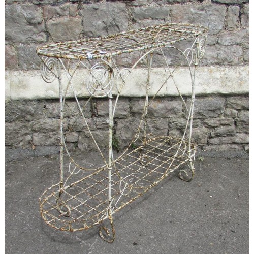 1131 - An old weathered painted two-tier wirework greenhouse/conservatory plant stand, 73cm high, 94 x 28cm... 