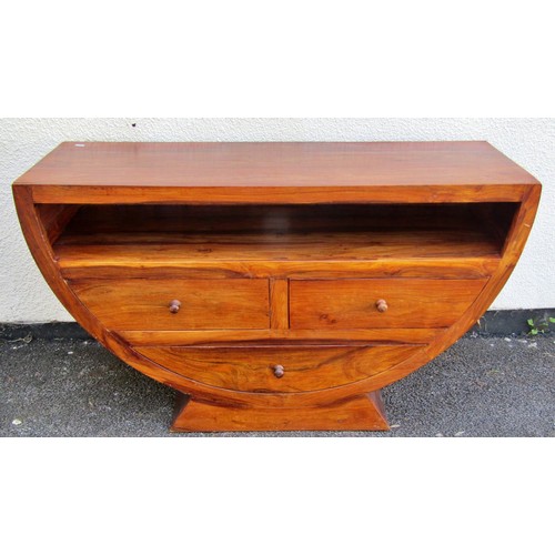 1549A - An Eastern teak / hardwood side table, of demi lune / boat form, fitted with three shaped drawers, 6... 