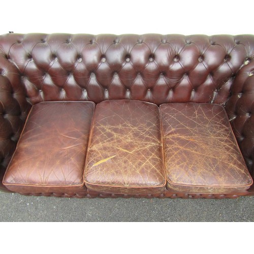 1565A - A brown leather chesterfield three seat sofa, with rolled and buttoned arms and back