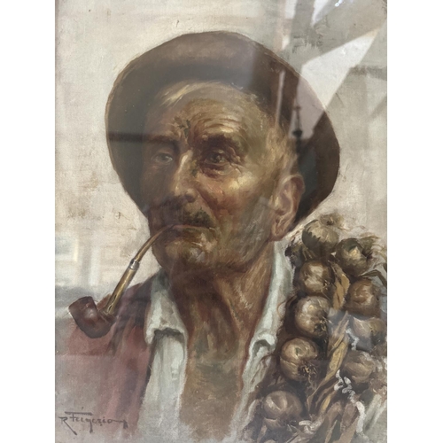 1620 - Raffaele Frigerio (1875-1948) - Portrait of a man smoking a pipe with a string of garlic over one sh... 