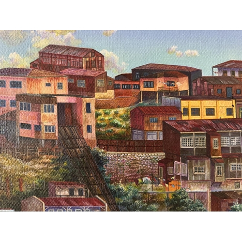 1629 - Carlos Antonio Aceituno Cantillana (b.1954) - Houses on the hill, oil on canvas, signed and dated 'M... 