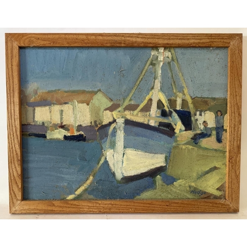 1638 - Anthony Hodge (Local Artist, 1948-2009) - Boat at the harbour, signed below, oil on board, with Heat... 