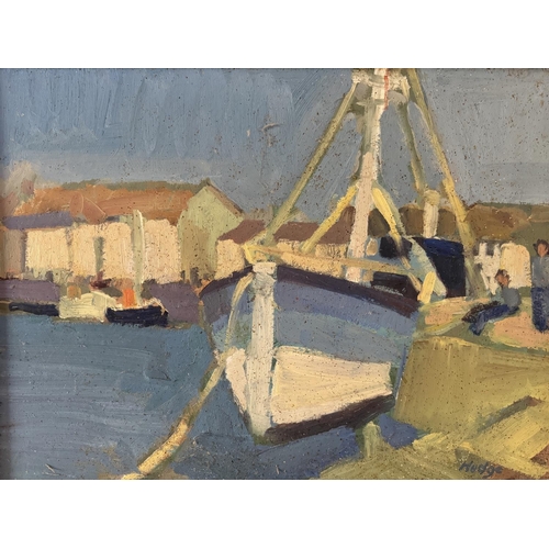 1638 - Anthony Hodge (Local Artist, 1948-2009) - Boat at the harbour, signed below, oil on board, with Heat... 