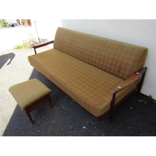 1574 - A mid 20th century teak framed settee and stool, both with Welsh wool covers, settee 195cm long x 86... 