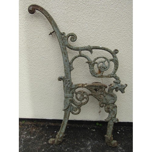 1580 - A pair of 19th century cast iron bench ends with dragon and scroll detail  91 cm (full height) (af) ... 