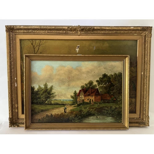 1704 - An oil painting and a print, to include: A country landscape, initialled 'G.W' and dated '1912' lowe... 