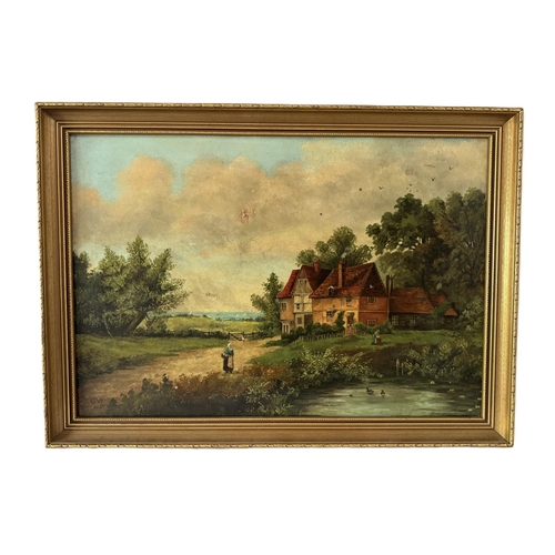 1704 - An oil painting and a print, to include: A country landscape, initialled 'G.W' and dated '1912' lowe... 