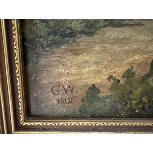 1704 - An oil painting and a print, to include: A country landscape, initialled 'G.W' and dated '1912' lowe... 