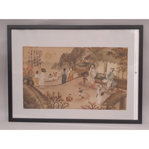 1711 - A Chinese painting depicting a village scene with children playing and figures enjoying a meal, 19th... 