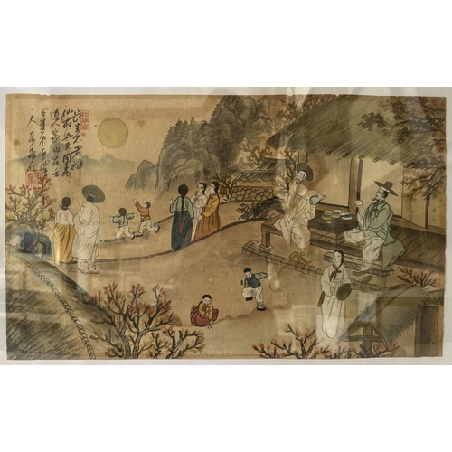 1711 - A Chinese painting depicting a village scene with children playing and figures enjoying a meal, 19th... 