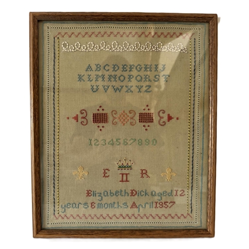 1722 - A needlework sampler with patterned borders, the alphabet and numbers, below it reads: 'Elizabeth Di... 