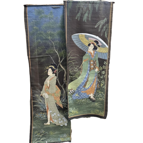 1728 - Two 20th century Japanese paintings depicting ladies walking through a garden, polychrome pigment on... 